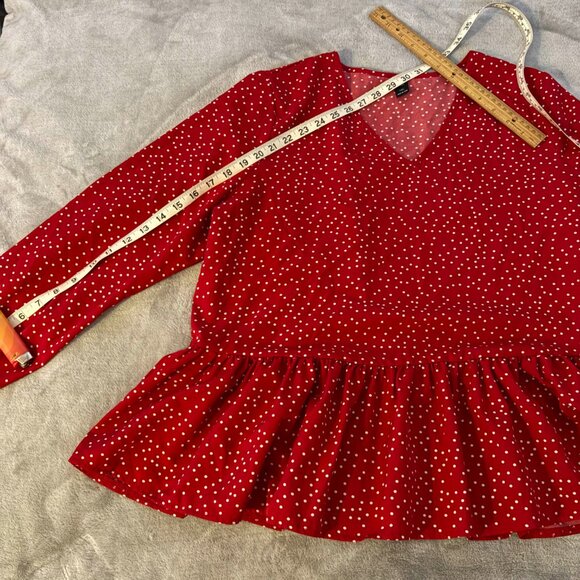 shein curve red polka white dot vneck long sleeve peplum flowy blouse lady bug - Picture 7 of 7